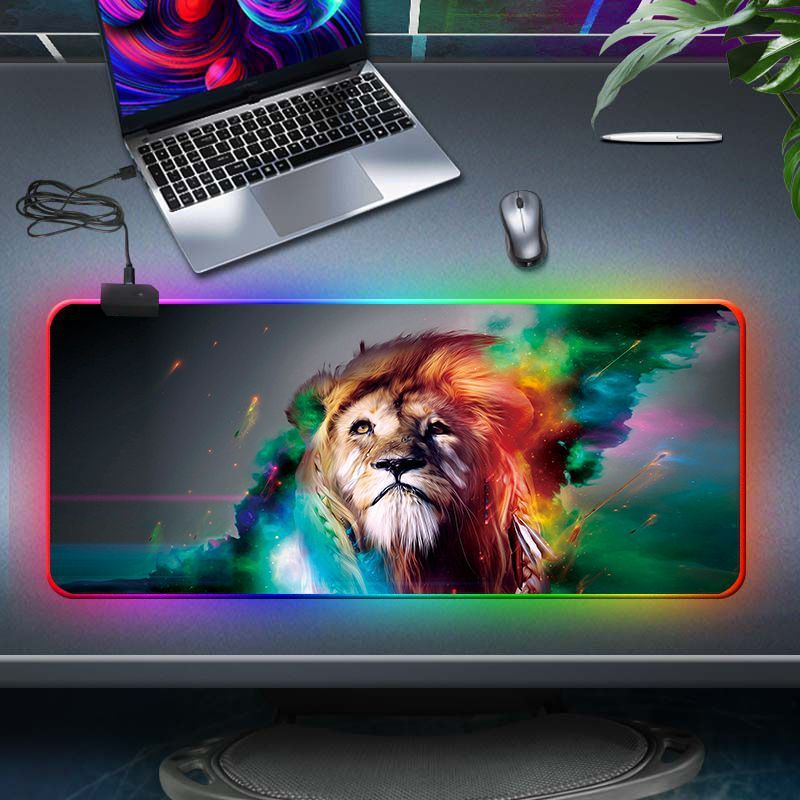 Коврик для мышки большой с RGB подсветкой. Игровой компьютерный коврик для клавиатуры и мыши. 800*300 мм. Лев