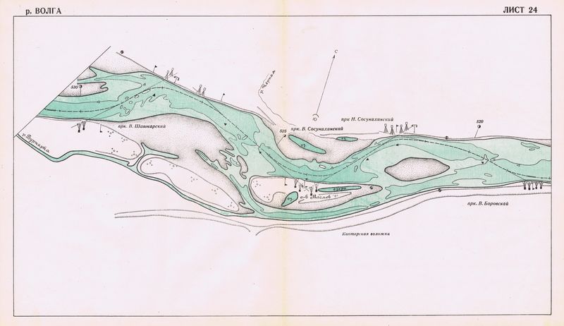 Антикварная лоцманская карта. Волга в районе Маслова острова Чувашской АССР. Смешанная техника. СССР, 1956 год