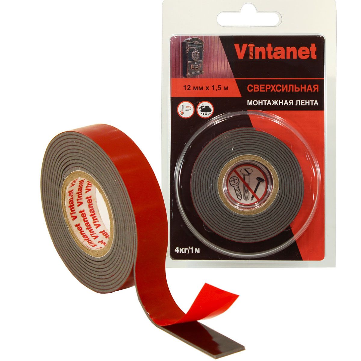 Лентамонтажнаясверхсильнаяклейкаядвусторонняя1146Vintanet,цветчерный,12ммх1,5м