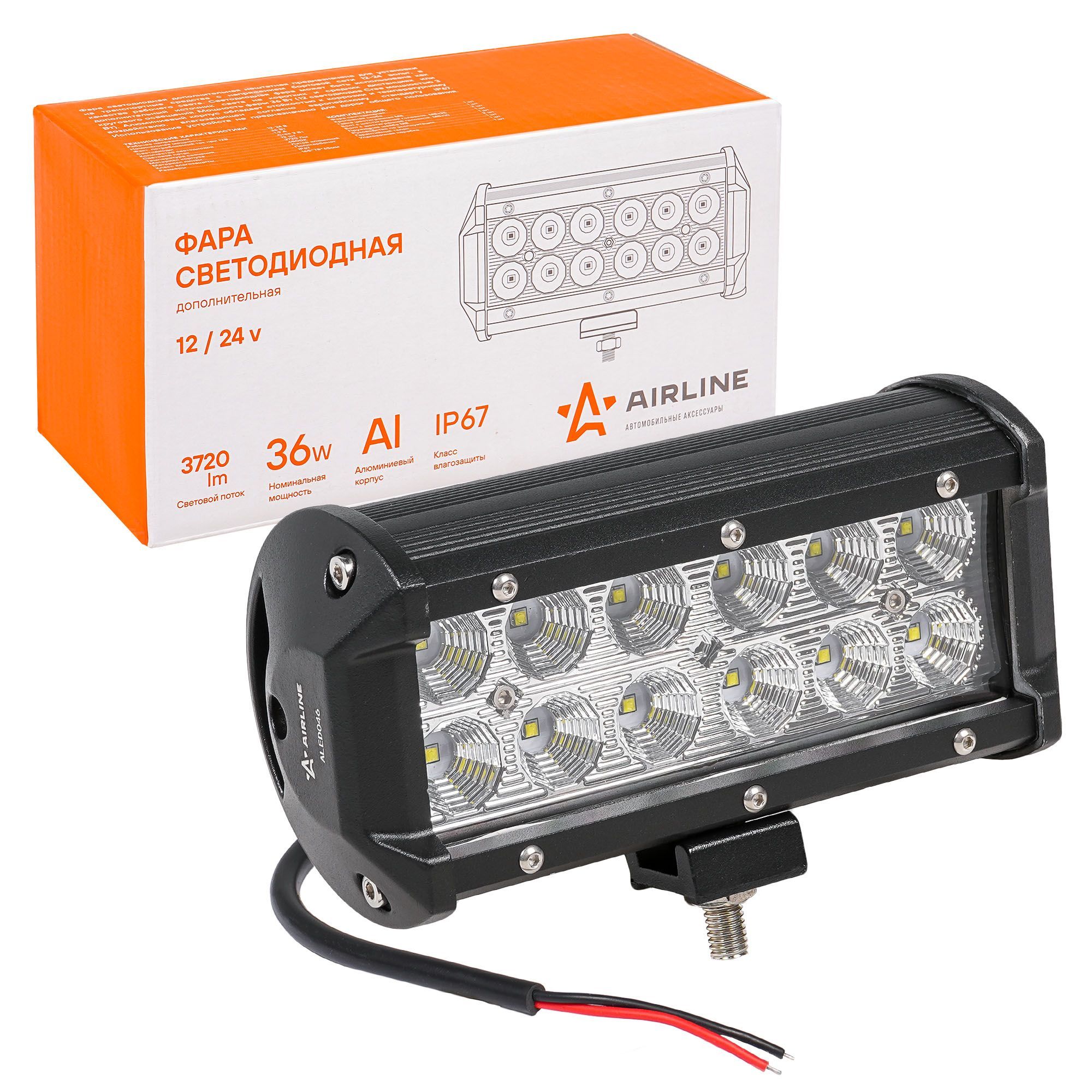 Фара светодиодная балка двухрядная 36W 165x78x65 12 LED рассеяный свет 12/24V (AIRLINE)