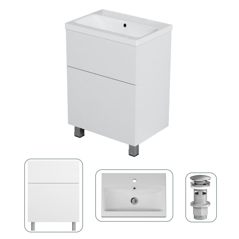 Тумба с раковиной в ванную AM.PM с донным клапаном хром, напольная, 60 см, 2 ящика push-to-open, белый глянец, эмалевое покрытие, Германия