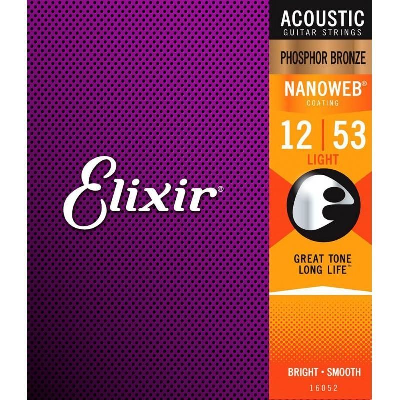 Струны 16052 для акустической гитары Elixir 12-53 Nanoweb