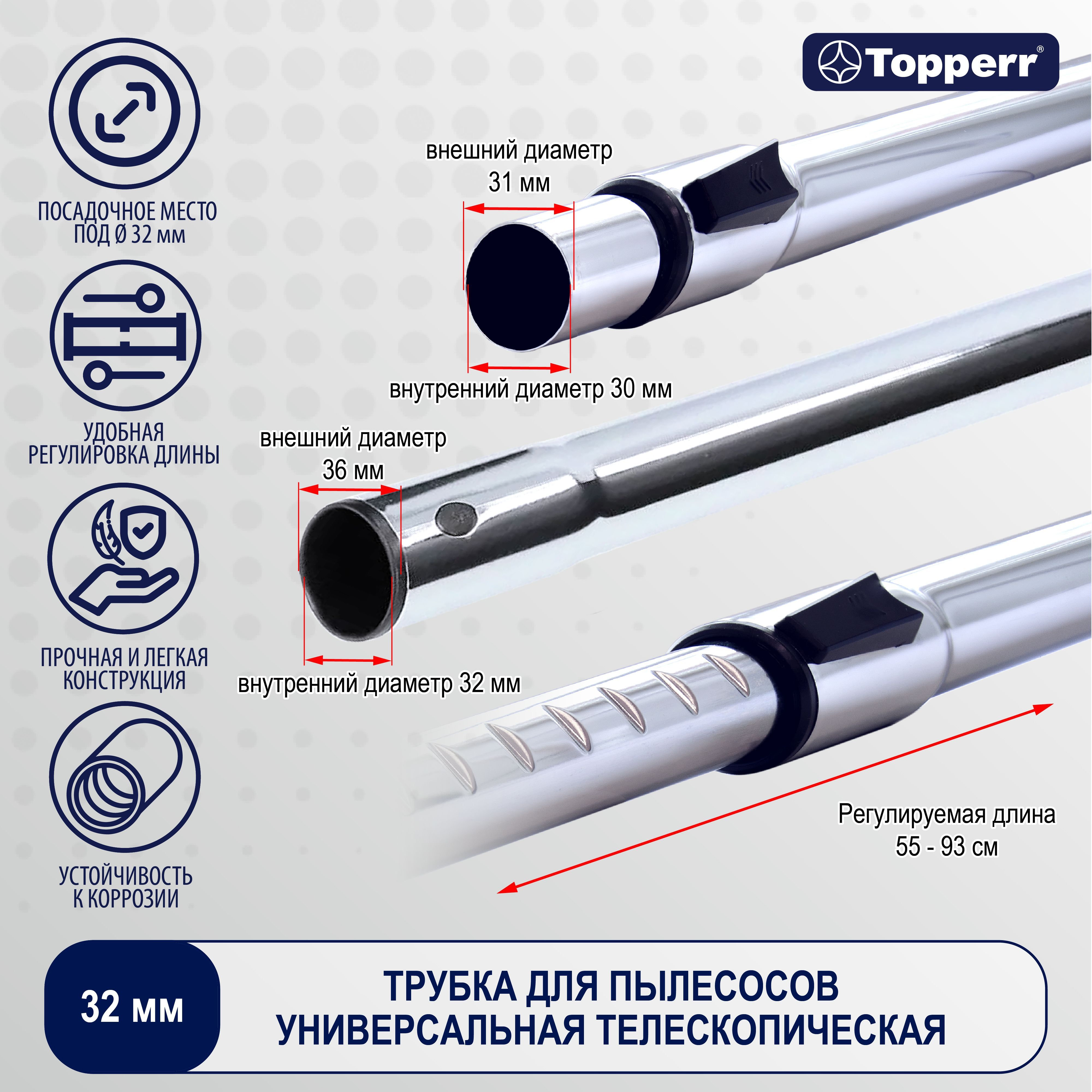 Телескопическая трубка для пылесоса, насадка на пылесос диаметр 32 мм  Topperr TT32 1203