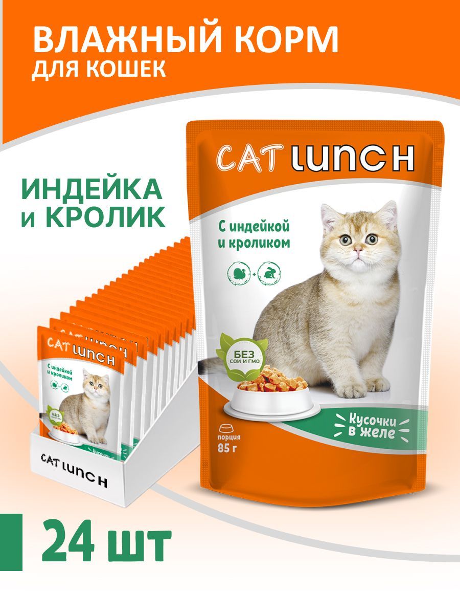 Влажный корм для кошек Cat Lunch кусочки в желе Индейка и Кролик, паучи по  85г (24 шт. в упаковке) - купить с доставкой по выгодным ценам в  интернет-магазине OZON (668406846)