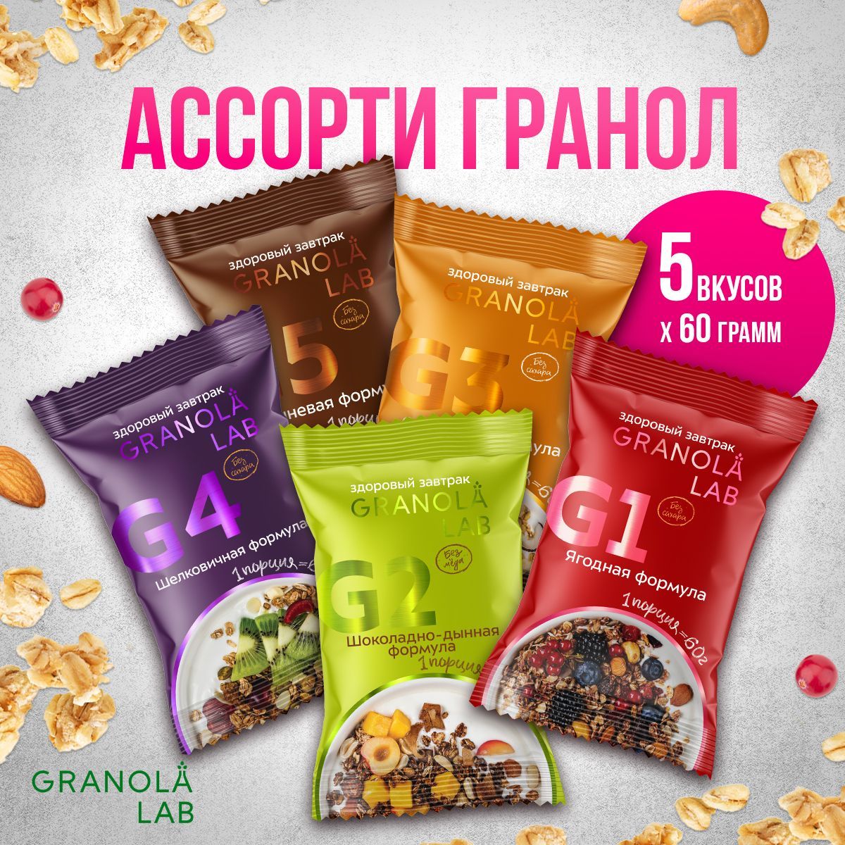 ГранолаGranola.Lab5вкусов,набор"5ЗАВТРАКОВОТGRANOLA.LAB",натуральная,безсахара,5х60г