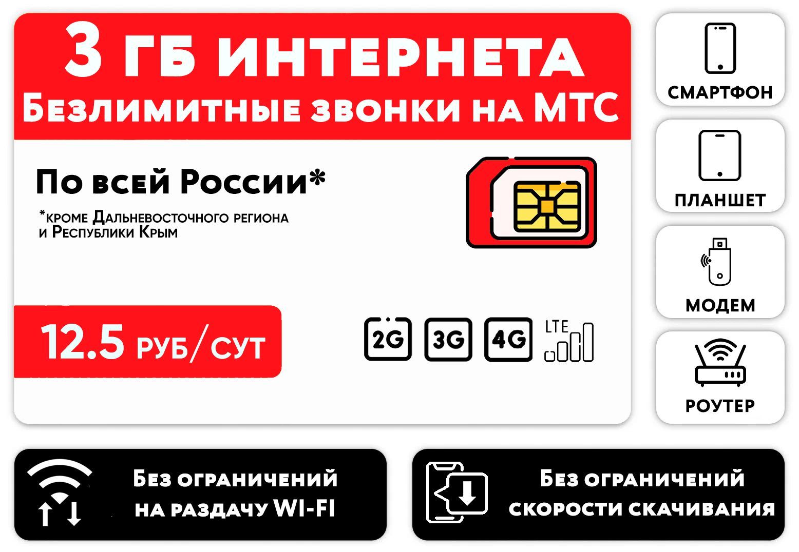 WHYFLY SIM-карта 3 гб интернета 3G/4G/LTE + безлимитные звонки на МТС за  12.5 руб/сут (модемы, роутеры, планшеты) + в тариф включена раздача (Вся  Россия) (Вся Россия) - купить с доставкой по выгодным