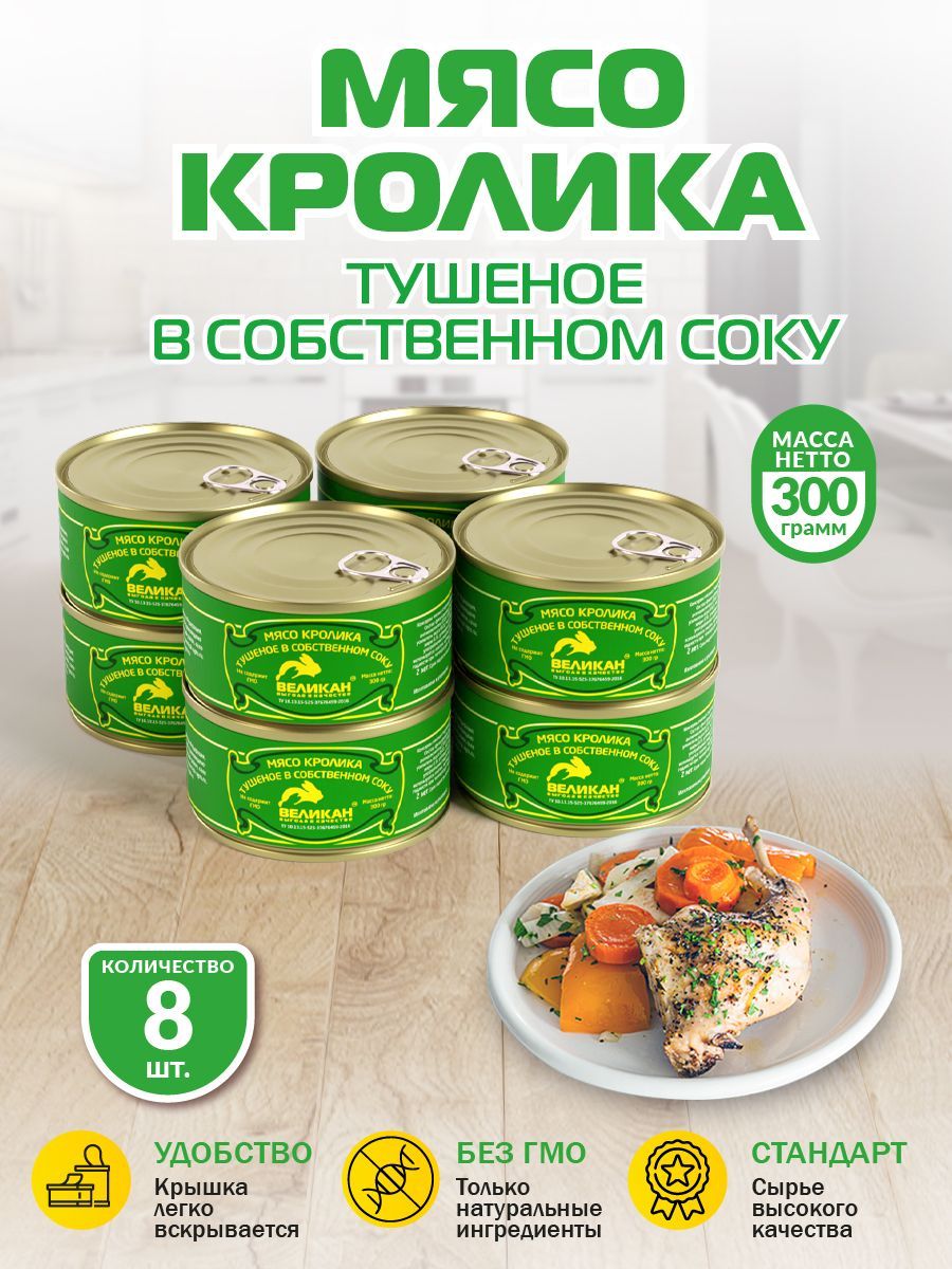 Мясо кролика тушеное в собственном соку 300 гр ж/б - 8 шт - купить с  доставкой по выгодным ценам в интернет-магазине OZON (1208940129)