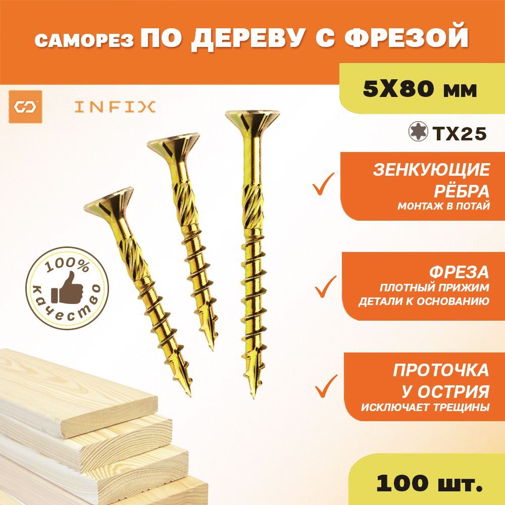 Саморезыподеревужелтыесфрезойпотайн.5х80цжTX25INFIX(упак100шт)