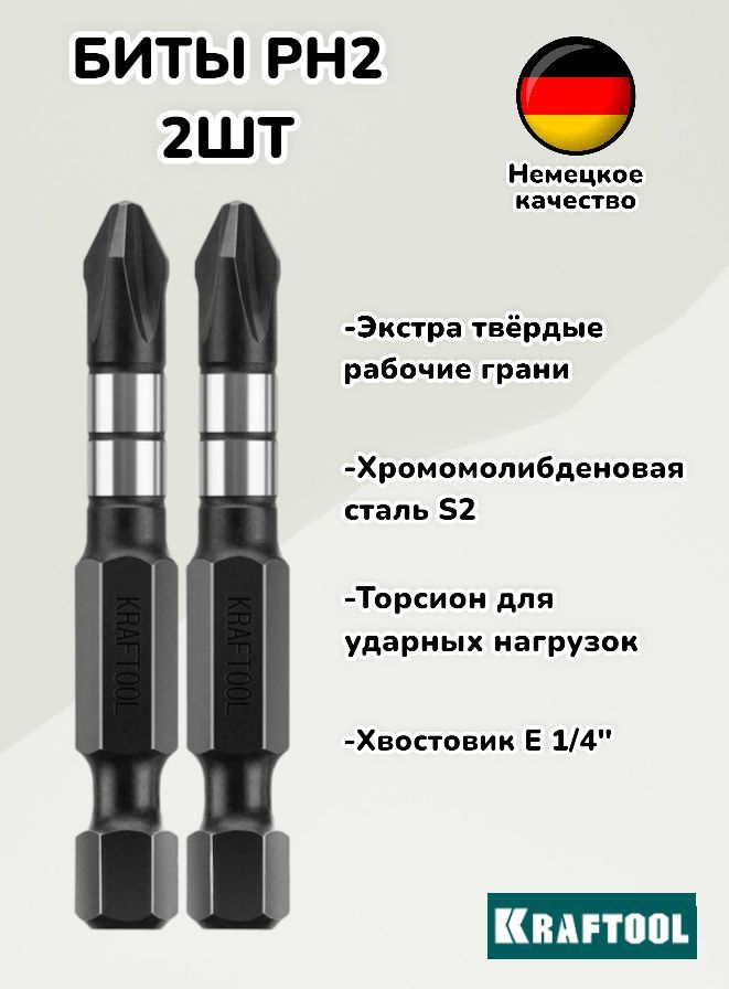 Набор ударных бит KRAFTOOL Impact Pro PH2 50 мм 2 шт. 26191-2-50-S2