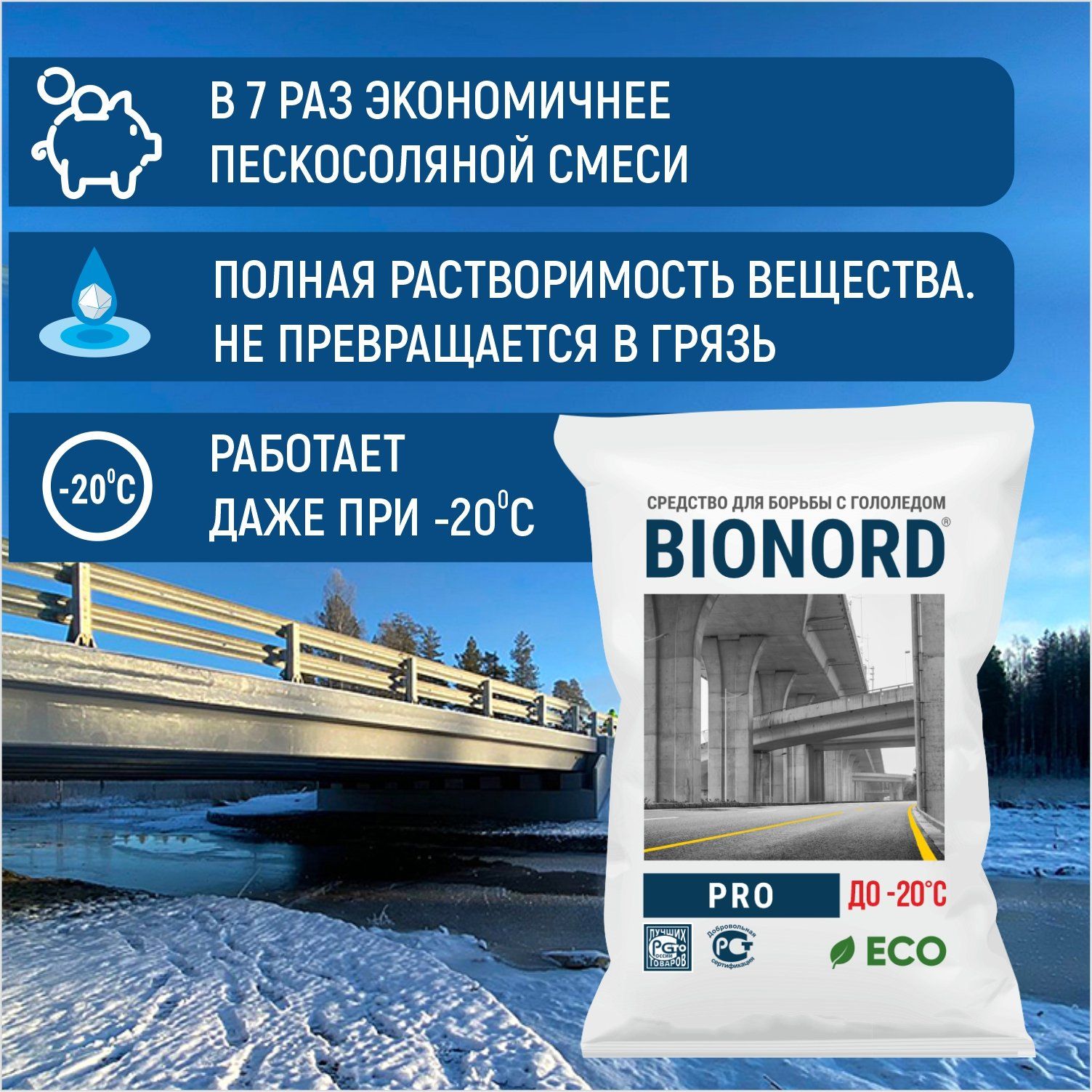 Реагент Бионорд PRO -20, противогололедный материал в гранулах, 23 кг