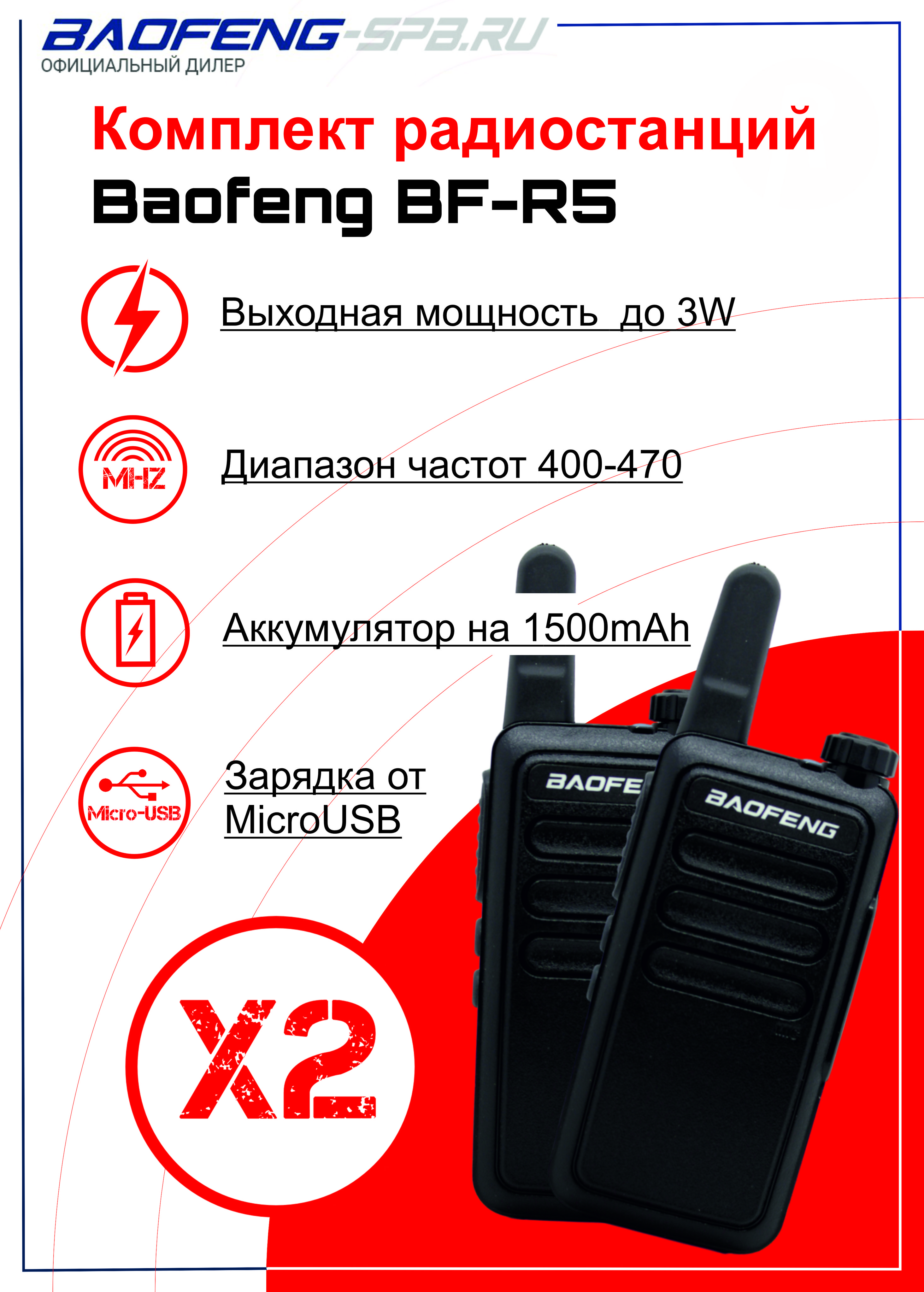 Комплект Раций (радиостанций) Baofeng BF-R5 mini зарядка Micro USB (2 шт.)