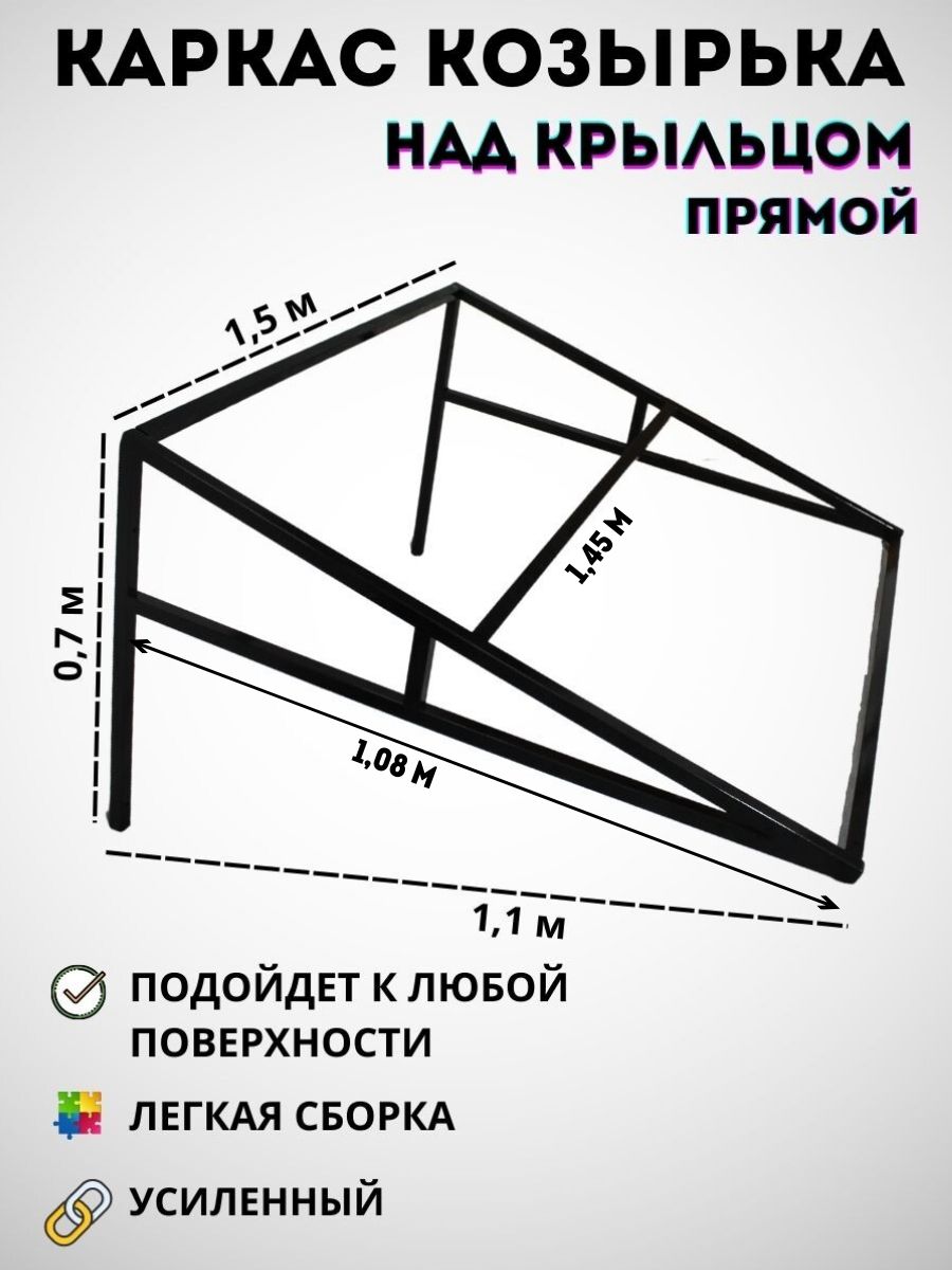 Козырек над крыльцом прямой , для дома усиленный , Навес над дверью(1,5  метра ширина)