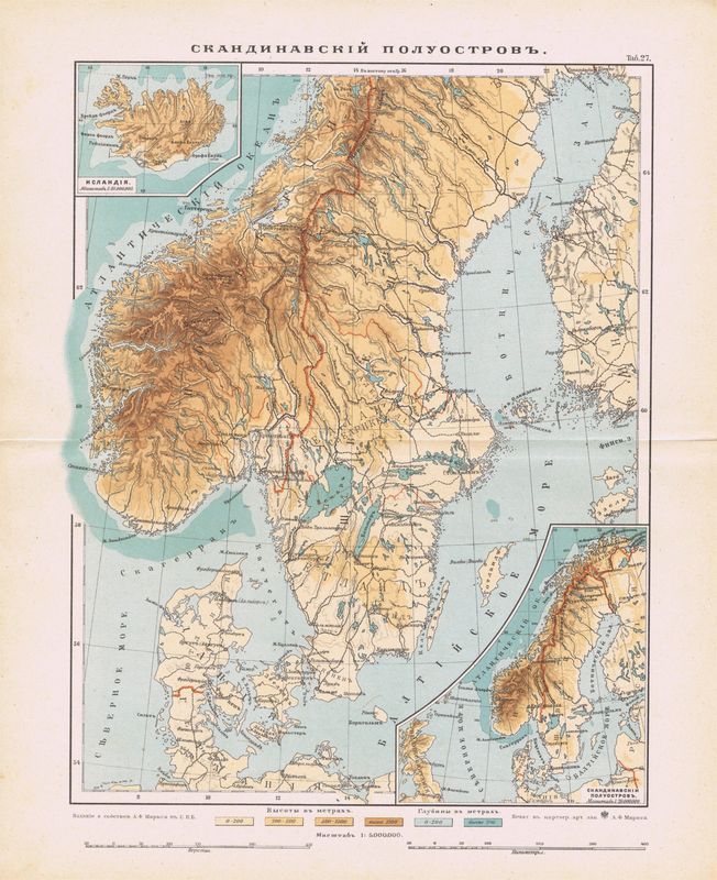 Скандинавский полуостров. Географическая карта антикварная. Смешанная техника. Россия, 1900 год