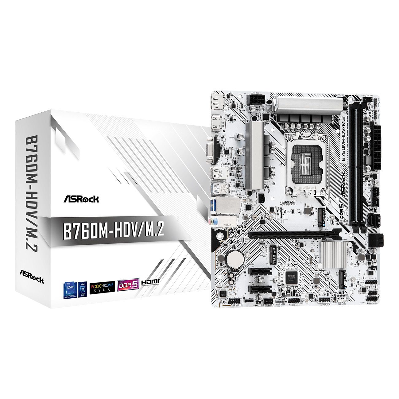 МатеринскаяплатаASRockB760M-HDV/M.2,LGA1700,Intel,B760,DDR5,VGA,HDMI,DIsplayport,RAID,Micro-ATX