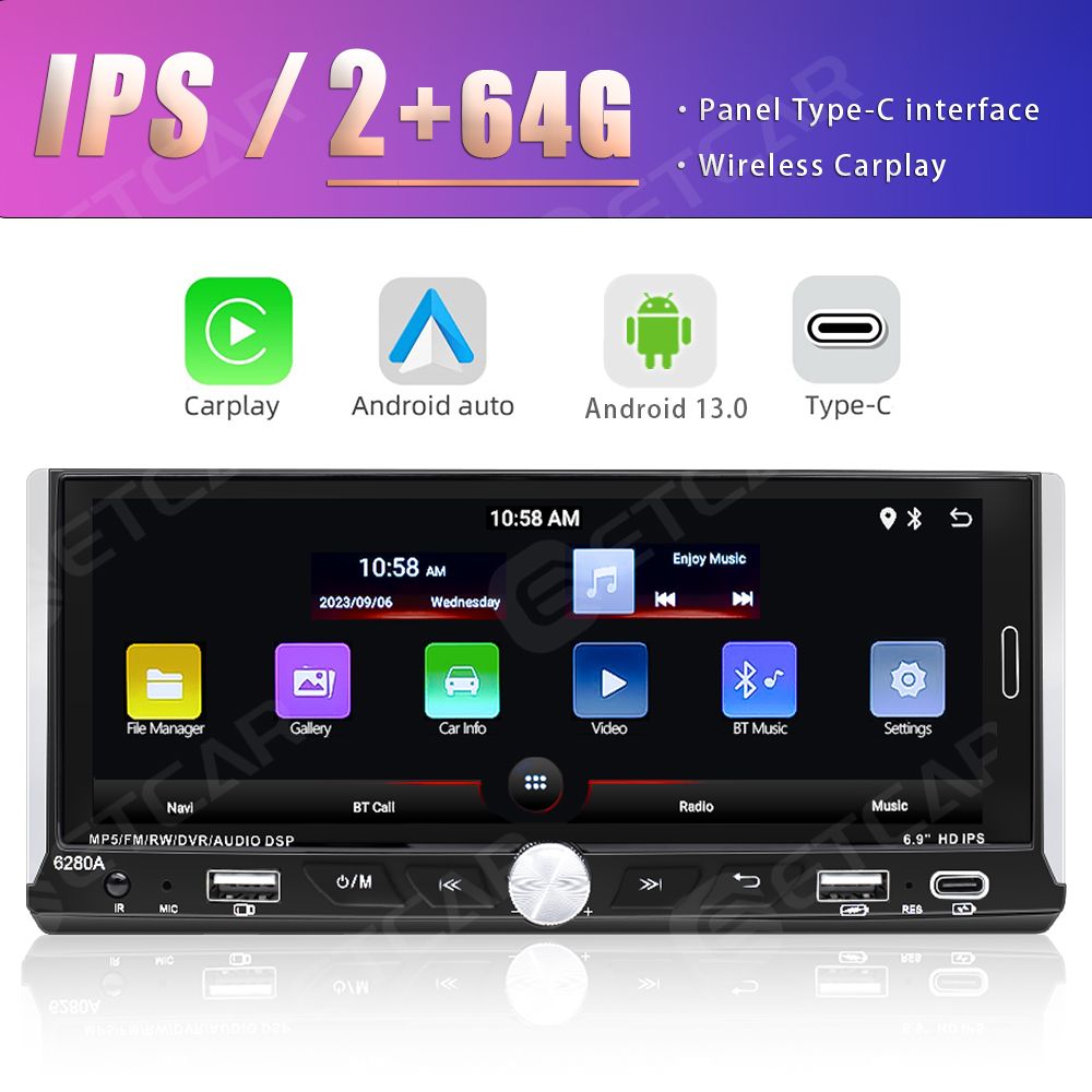 6.9 дюйма IPS HD-экраном 1280*480 Автомагнитола 1din Android 2+64 Поддержка  FM/RDS/wifi/BT/GPS,Двойной разъем USB,Type - C,камера заднего ...