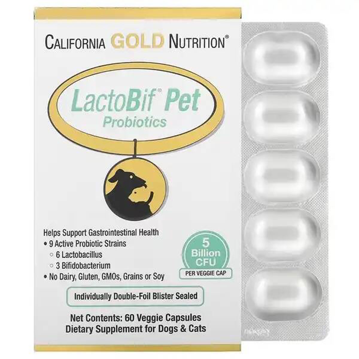 Пробиотики LactoBif Pet пищевая добавка California Gold Nutrition, для собак и кошек, 5 млрд КОЕ, 60 растительных капсул