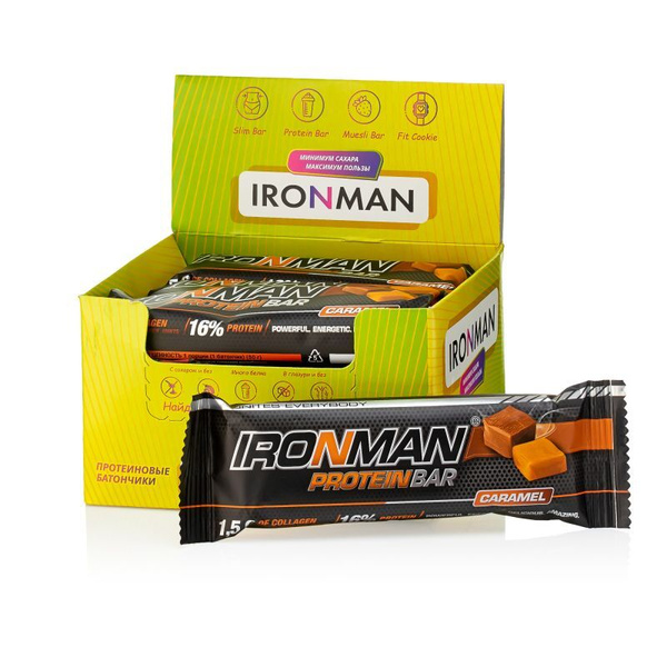 Батончик Ironman Protein Bar, с коллагеном, карамель-темная глазурь, 12 ...