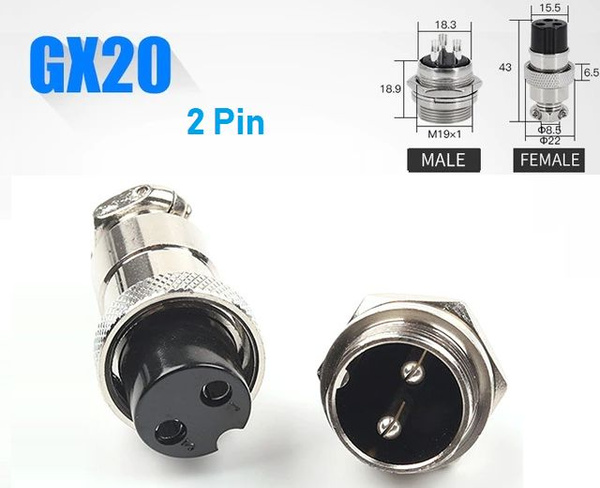 Разъем GX20 2Pin штекер металл на корпус + Разъем GX20 2Pin гнездо ...