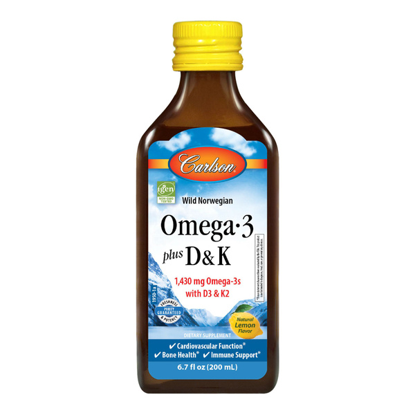 Омега-3 1430мг + Д3, К2, 200мл (Лимон), Carlson Labs Omega-3 Plus D & K ...