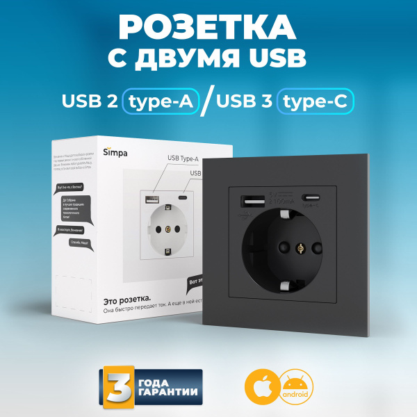 Встраиваемая розетка с USB (Type A и Type C) 220В с заземлением и ...
