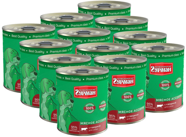 Консервы ЧЕТВЕРОНОГИЙ ГУРМАН МЯСНОЕ АССОРТИ для взрослых собак с ...