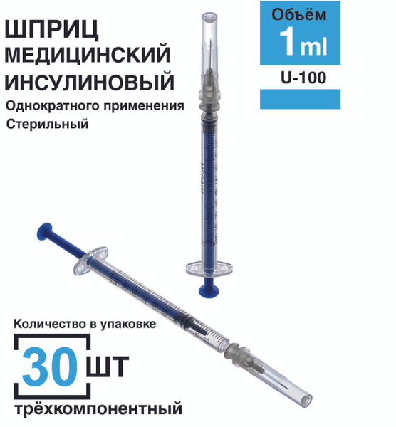 Шприц инсулиновый 1 мл 30 шт/уп. U-100 размер 26G (игла 0,45 х 12 мм ...