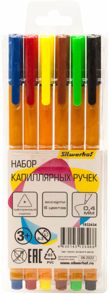 Набор ручек капиллярных Silwerhof цвета ассорти (6шт) линия 0,4 мм ...