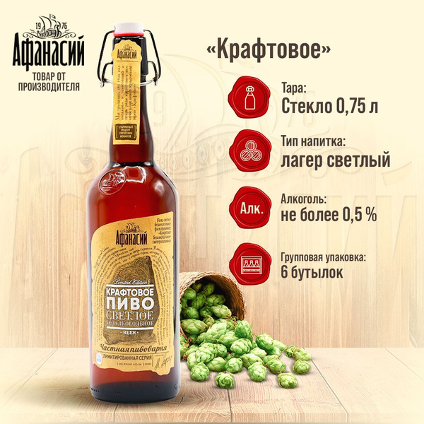 Пиво безалкогольное Афанасий Крафтовое светлое 0,75л, 6 бутылок ...