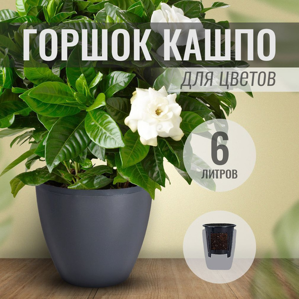 Горшок для цветов пластиковый маленький с автополивом серый 6 литров ...