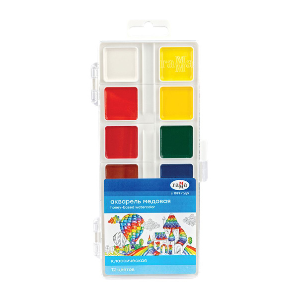 Акварель Гамма "Классическая", медовая, 12 цветов, без кисти, пластик ...