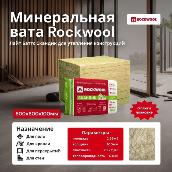 Характеристики Rockwool Лайт Баттс Скандик 800х600х100 мм (6 плит/2 ...