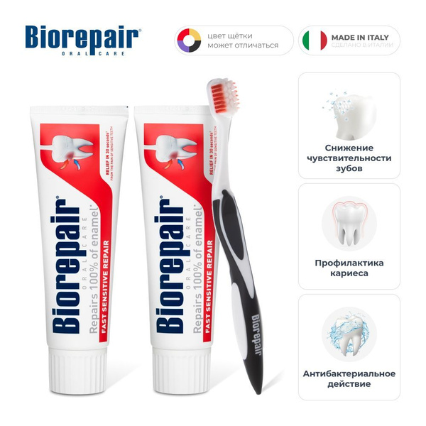 Зубная паста Biorepair Fast Sensitive, 75 мл, 2 шт, щетка Biorepair ...