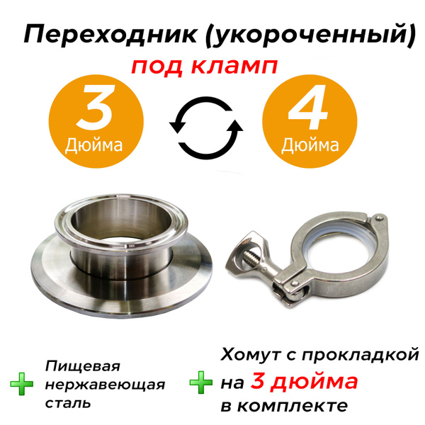 Переходник с клампа 3 на 4 дюйма (Укороченный) + (Хомут и прокладка на ...