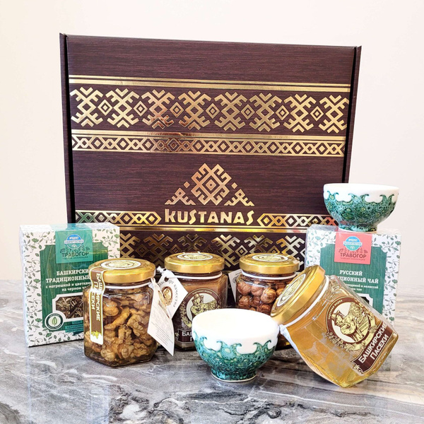 Подарочный набор БАШКИРСКИЕ ПАСЕКИ "Куштанаш 6", мед, чай, 1300 гр ...