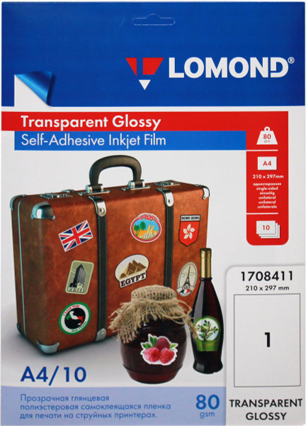 Плёнка Lomond самоклеящаяся прозрачная А4 (10 листов) для струйных ...