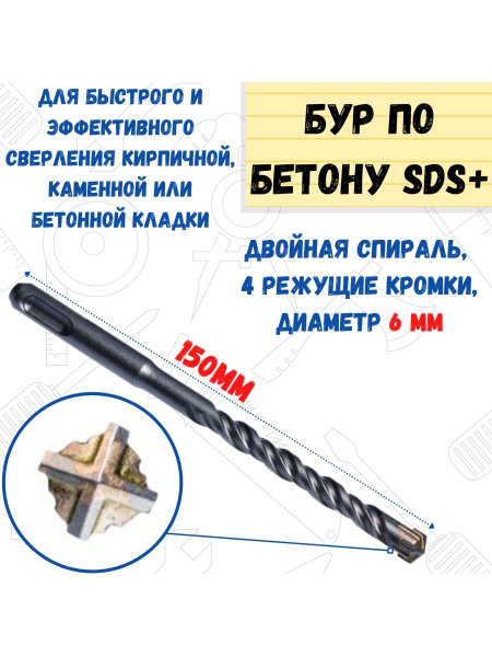 Бур по бетону Sds Plus 6 х 100 160 мм двойная спираль четыре режущие