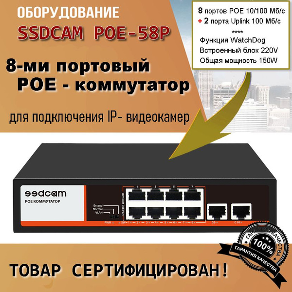 Коммутатор SSDCAM POE. PoE для подключения IP- видеокамер_черный ...