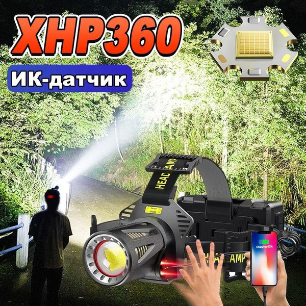 Супер яркий светодиодный налобный фонарь XHP360 с функцией датчика ...