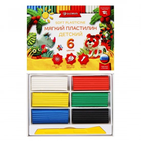 Пластилин 6 цветов, 90 гр, мягкий, стек, картонная коробка, 1 шт. в ...