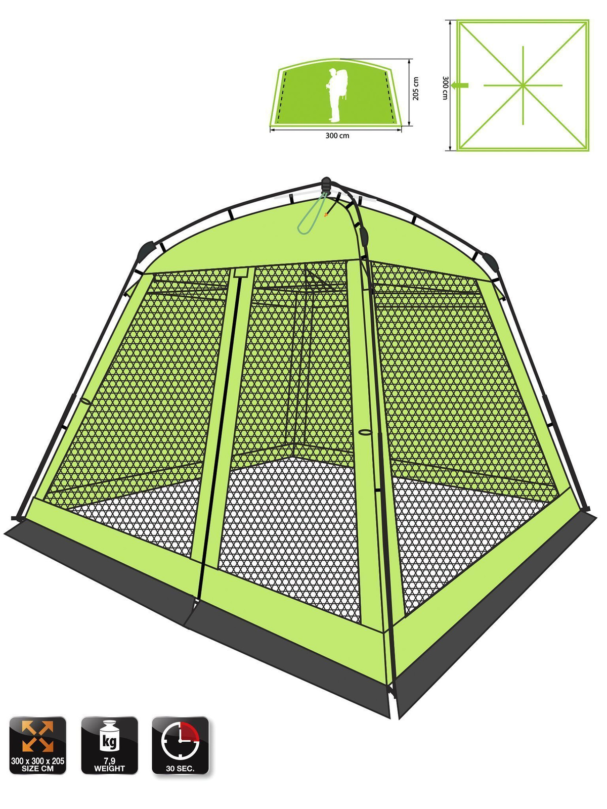 Летний тент-шатер с полуавтоматическим быстросборным каркасом и стальными телескопическими боковыми стойками. Легко устанавливается одним человеком за считанные секунды. Высокий и вместительный. Вход и все стенки из антимоскитной сетки При желании, два угловых окна могут дублироваться тканью для защиты от ветра и солнца.