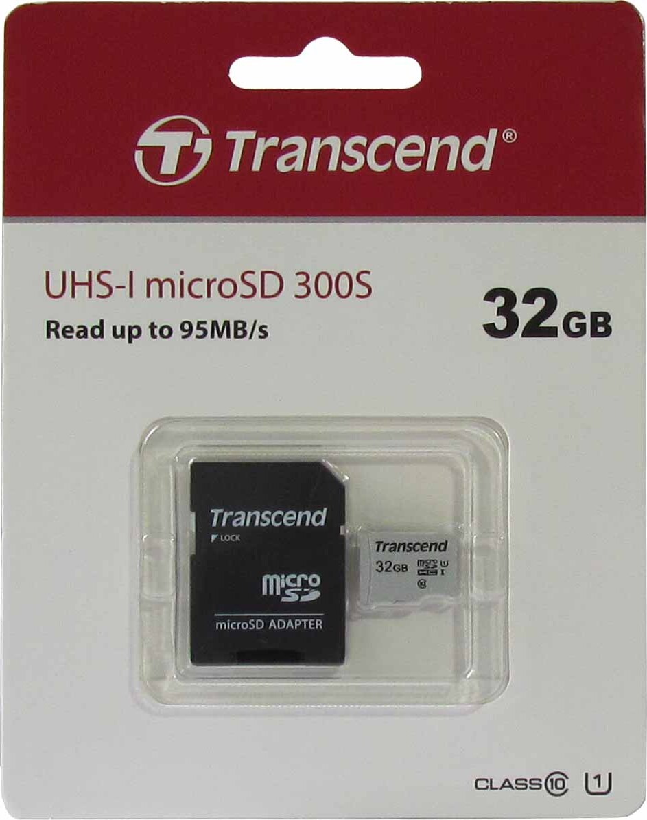 фото Карта памяти Transcend microSDHC Class 10 UHS-I U1, TS32GUSD300S-A 32GB , адаптер SD, цвет: серебристый