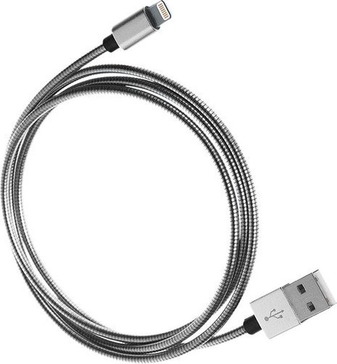 фото Кабель Qumo, MFI С91, USB-Apple 8 pin, 1м, 5-9В, до 2А, 18Вт, поддержка PD, опетка нейлонон, коннектор металл, серебро