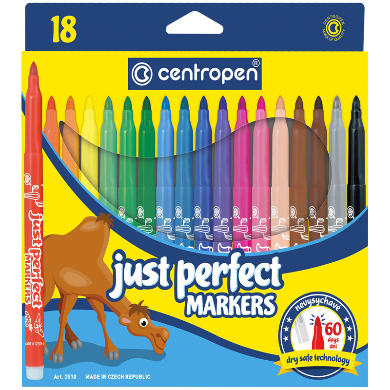 Фломастеры для рисования набор Centropen "Just Perfect", 18 цветов, трехгранные, смываемые, устойч. к высыханию, картон, европодвес