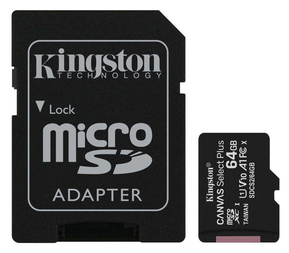 КартапамятиKingstonMicroSDXC64GBCanvasSelectPlus100МБ/сU1A1(садаптером)