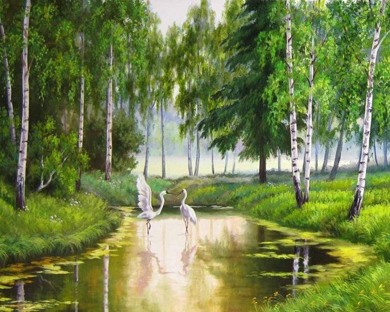 Рисунок леса реки. Березовая роща картина Елены Самарской.