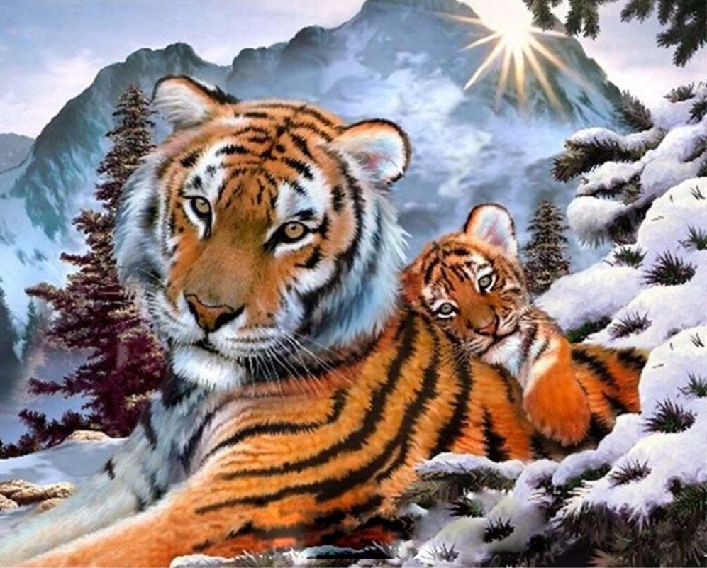 Алмазная мозайка тигрица с тигренком