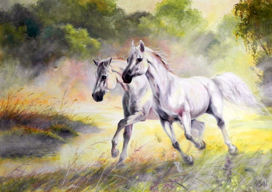 Белая лошадь с жеребенком