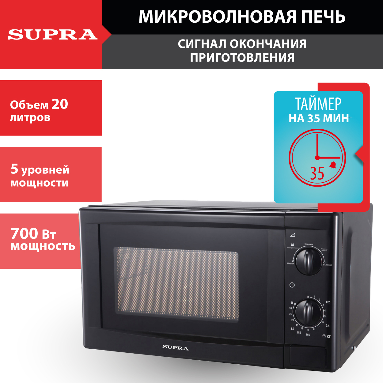 Микроволновая печь Supra с таймером, 5 уровней мощности, авторазмораживание  по весу и времени, 700 Вт - купить по низким ценам в интернет-магазине OZON  (562787030)