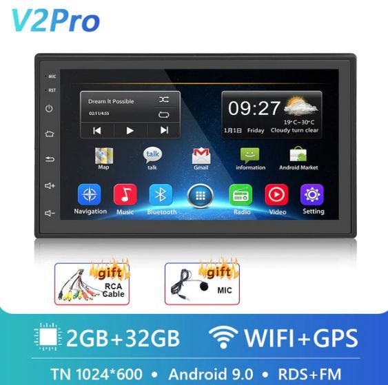 Автомагнитола Андроид 2 дин 7 дюймов, (WiFi, Bluetooth, GPS, USB, AUX, Mirror Link, Android, 2 din) RAM 2GB ROM 32GB