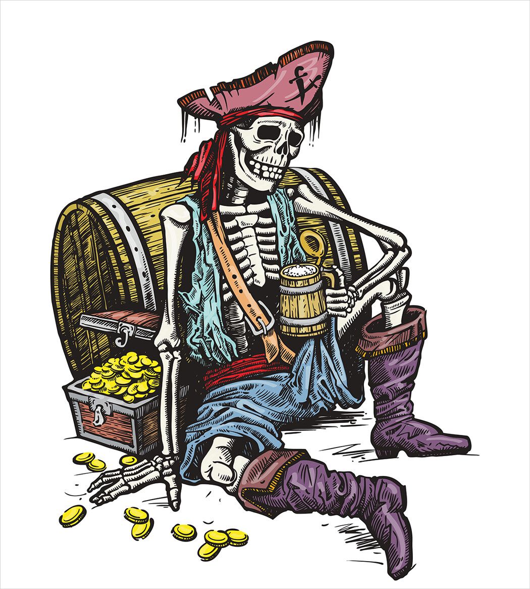 Скелет пират с бутылкой